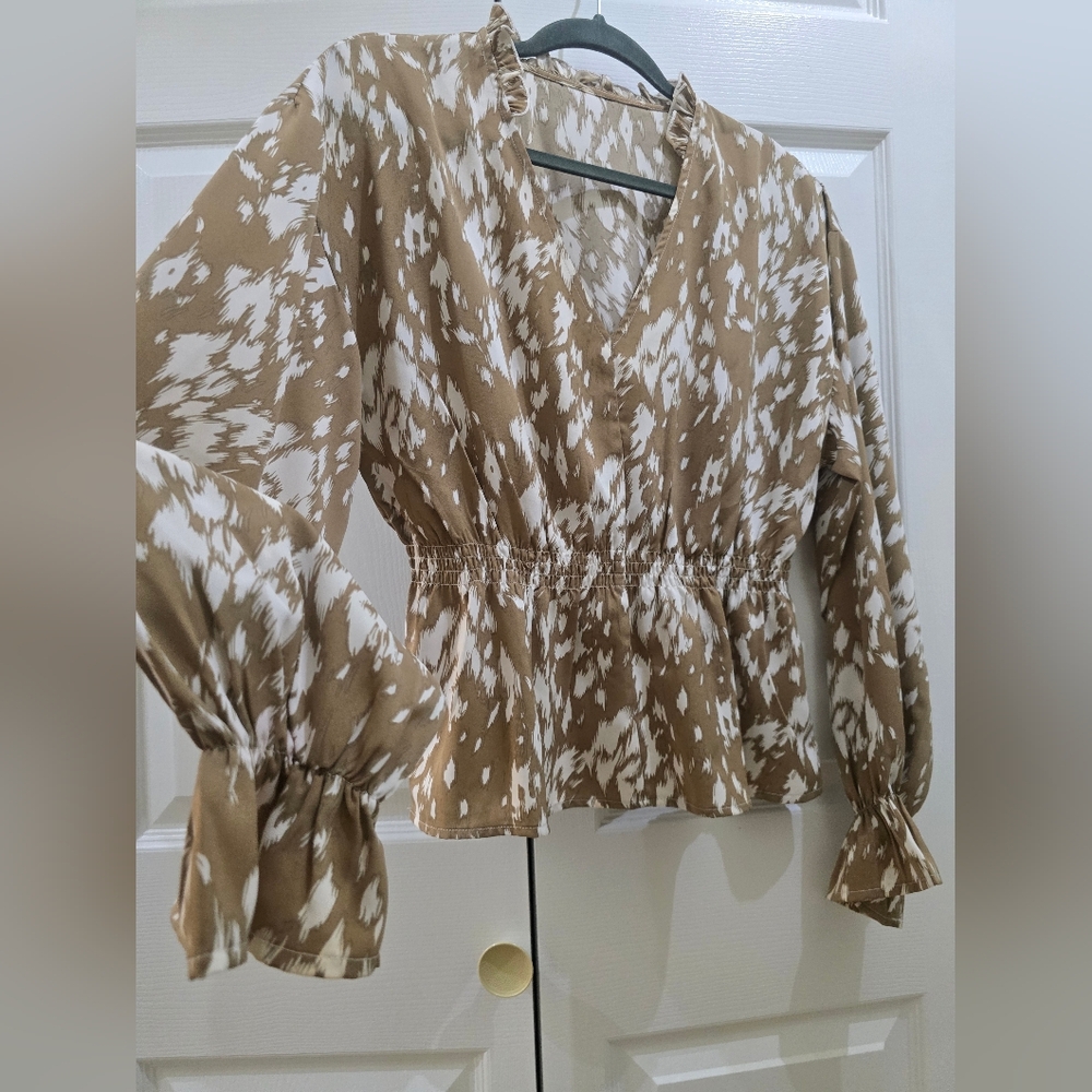 Brown and White Women's Medium Blouse